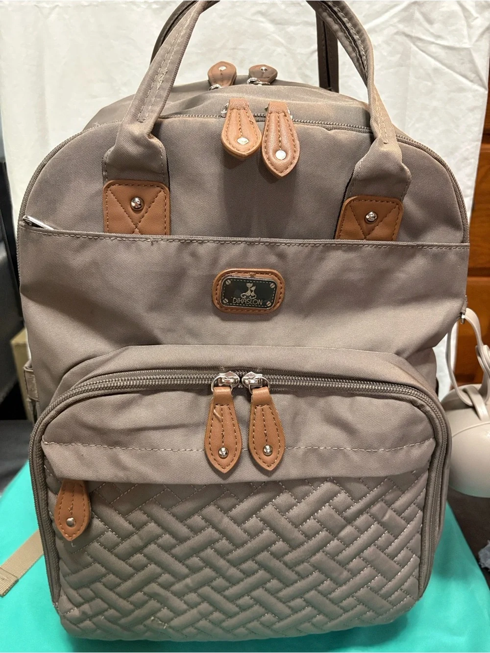 Diaper Backpack in Taupe with Tan Trim by